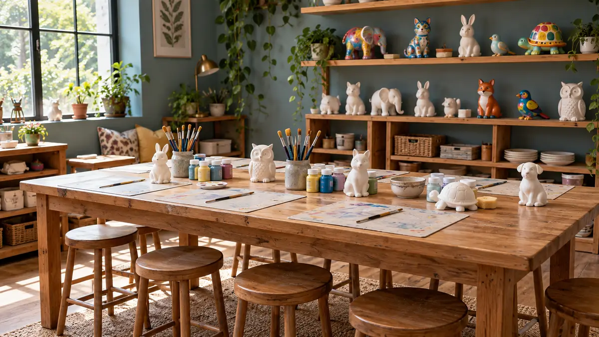 Painting tables and figurines in a creative studio
