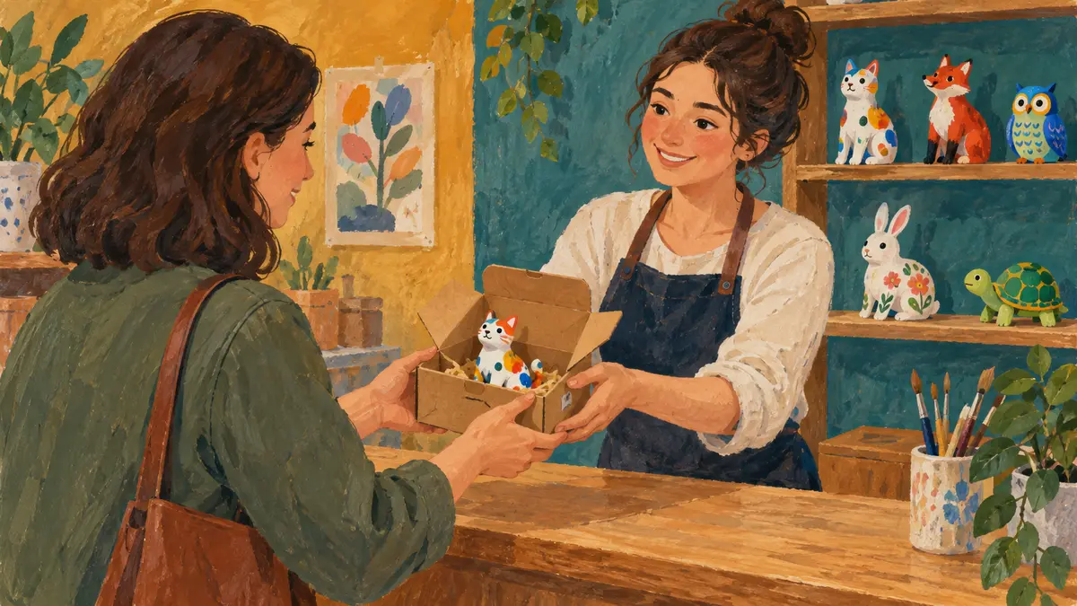 Visitor receiving a painted figurine in a carrying box