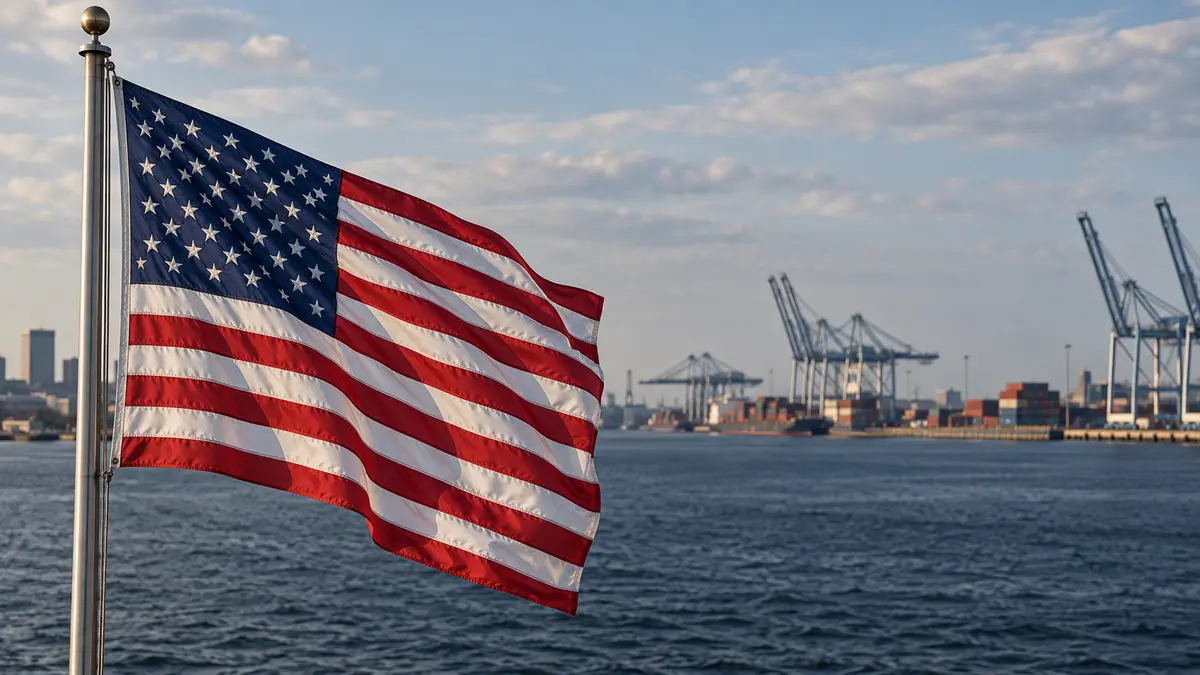 United States flag beside a port waterway