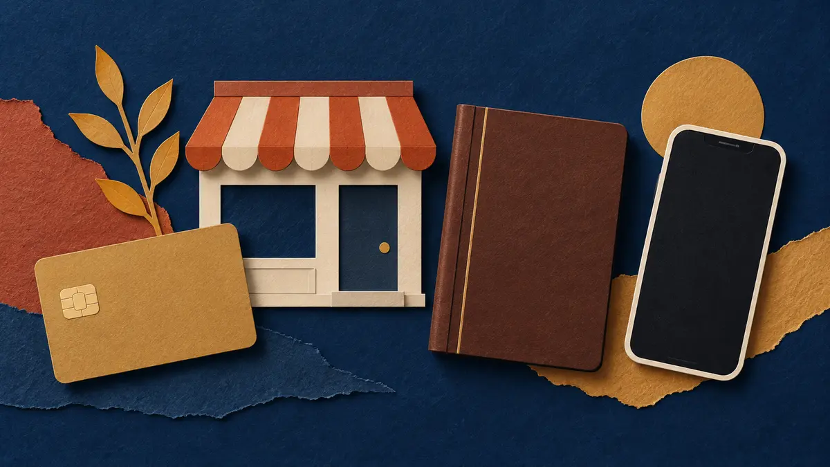 Магазин, платёжная карта, книга учёта и смартфон