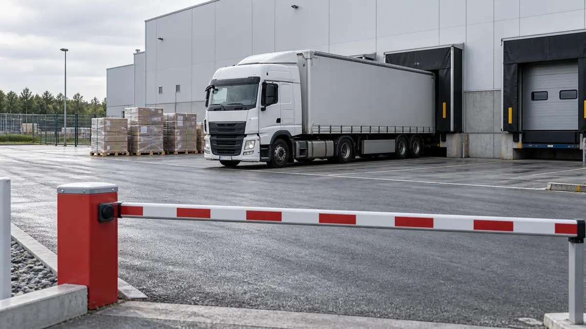 Truck at a loading dock behind a yard barrier