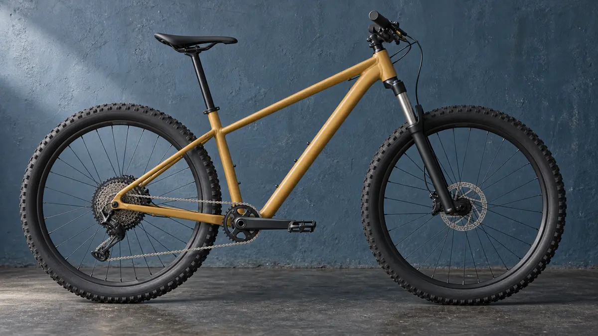 Ochre mountain bicycle against a blue wall