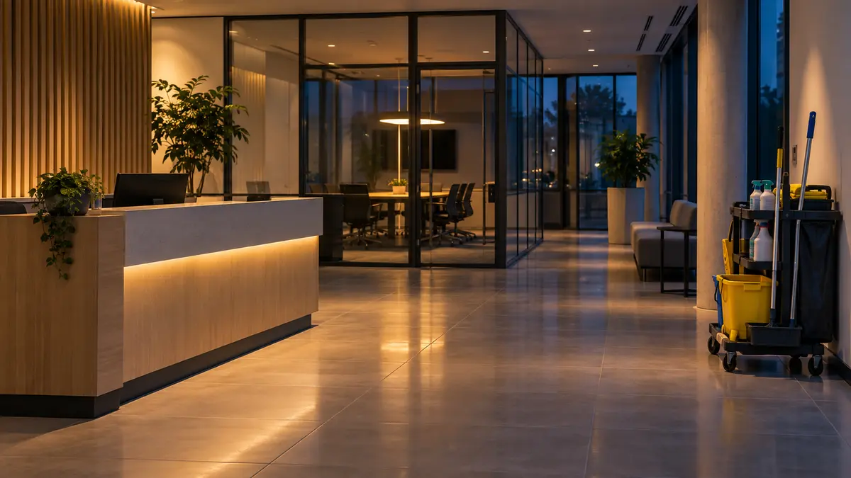 Reception area and cleaning trolley after hours