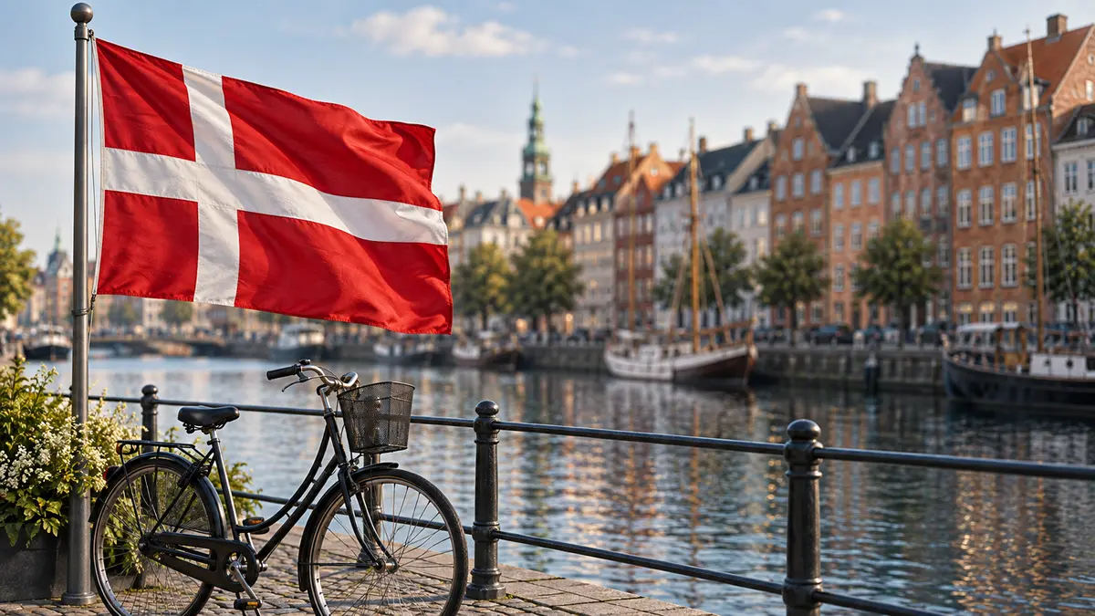 Danish flag and bicycle by a canal