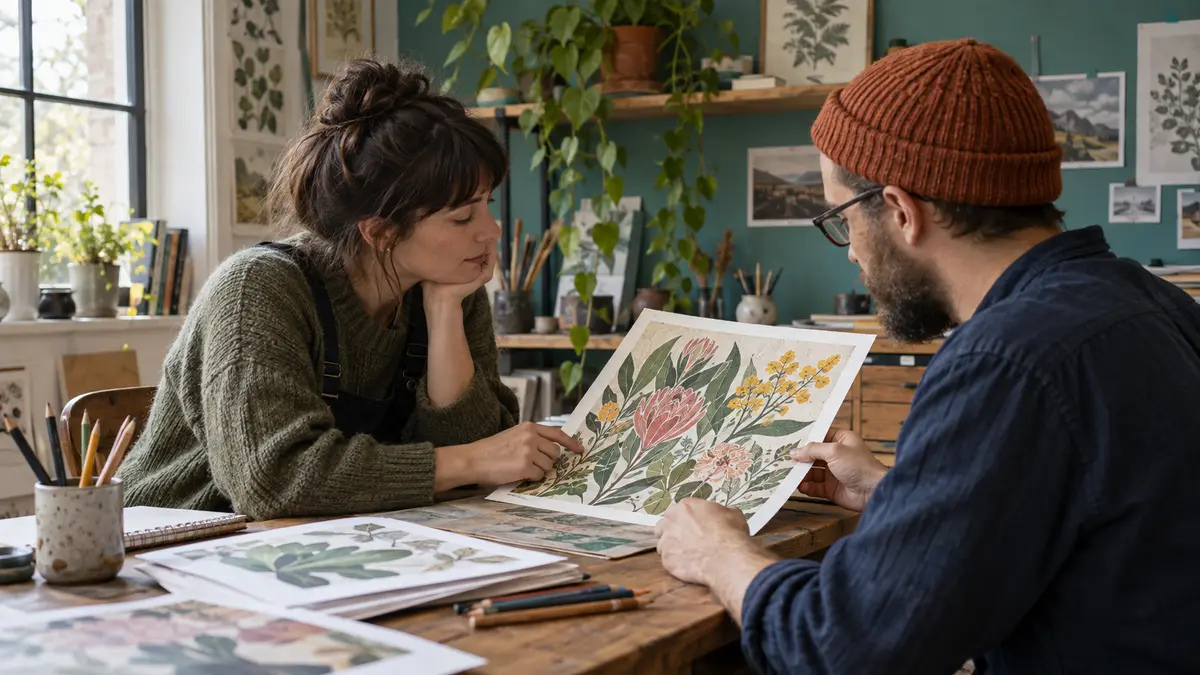 Illustrators reviewing a botanical print