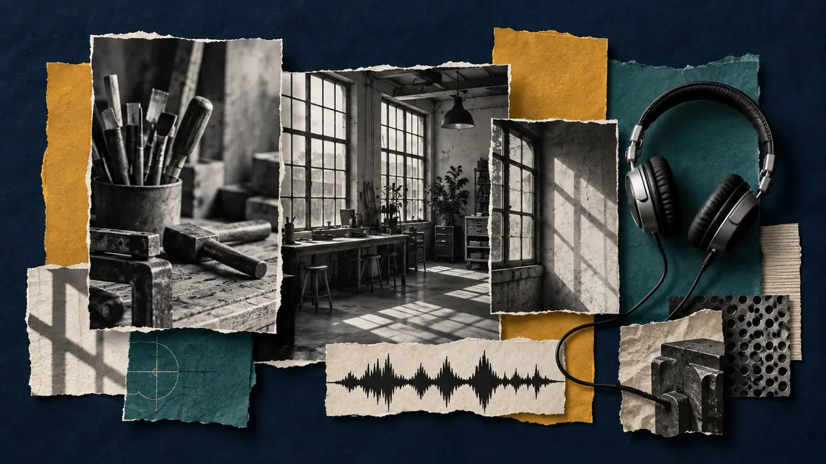 Photographs, layout paper and headphones