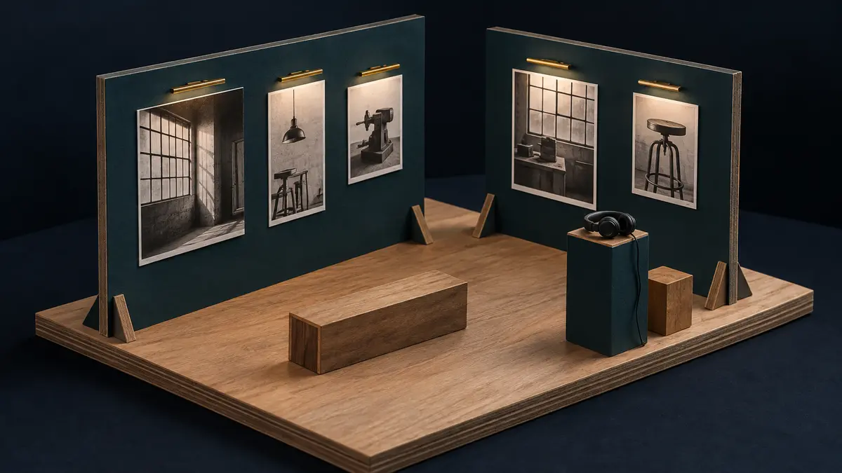 Exhibition model with photographs and a listening point