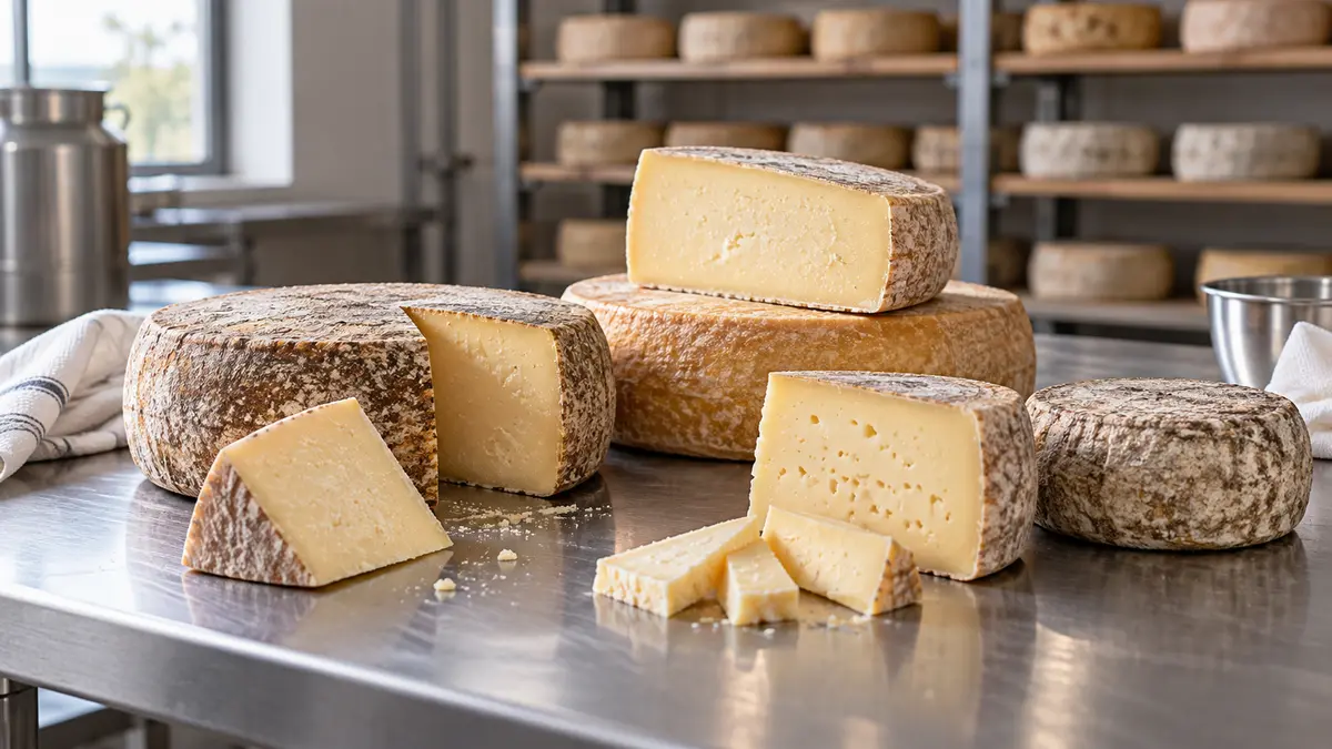 Hard and semi-hard cheeses on a worktable