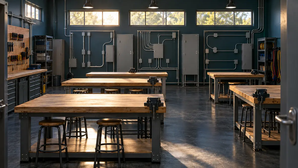 Workbenches in an electrical training workshop