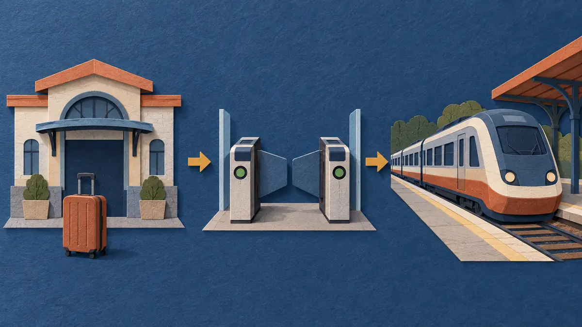 Station entrance, departure gate and passenger train