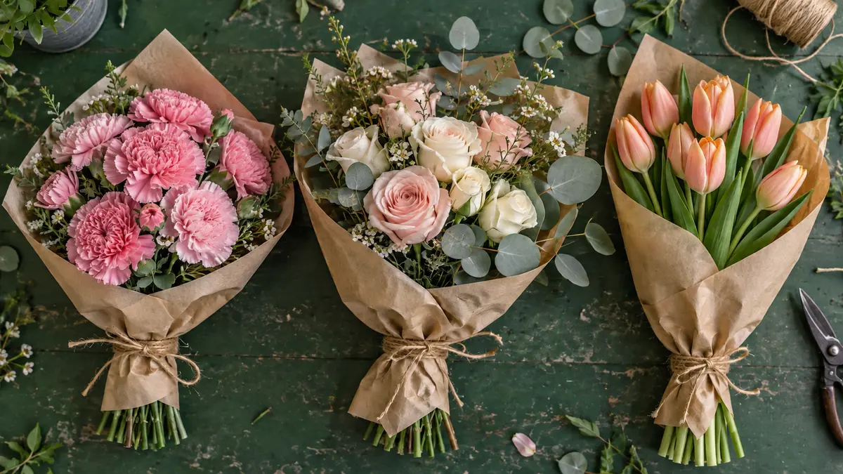 Three compact bouquets with carnations, roses and tulips