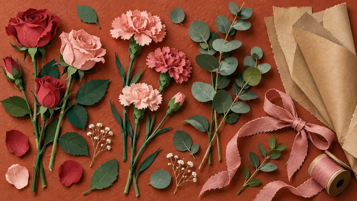 Flowers, foliage, wrapping paper and ribbon