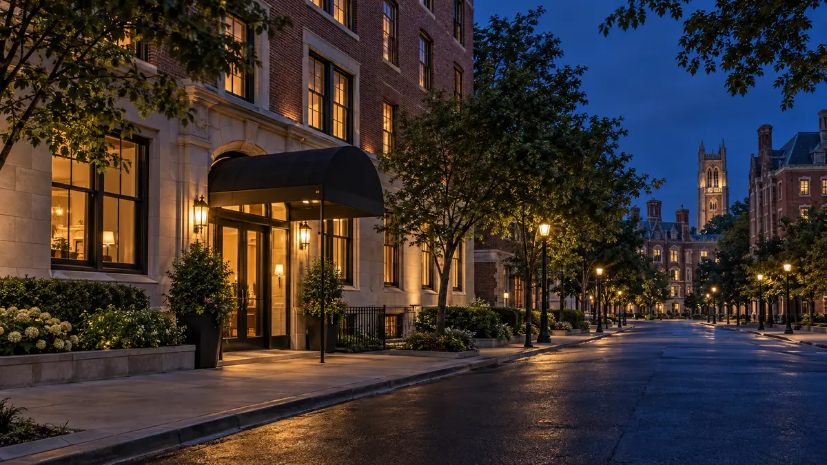 Hotel entrance on a university-town street