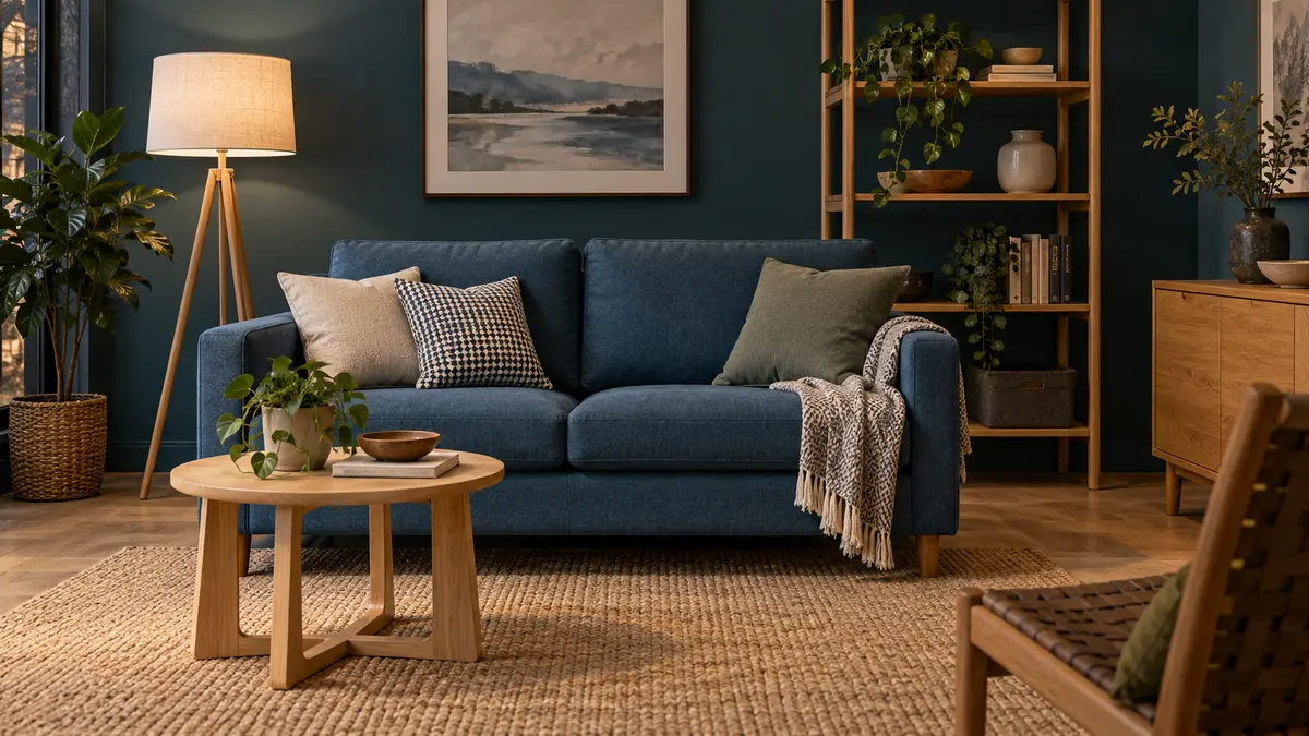 Sofa, side table, shelving and floor lamp