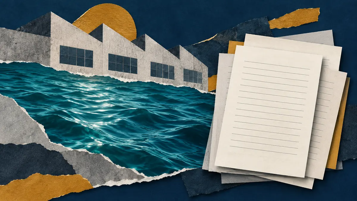 Factory silhouette, water and report sheets