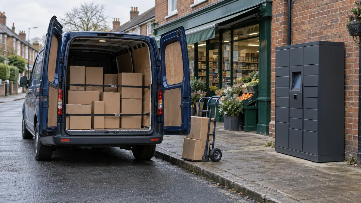 Delivery van, parcels and a parcel locker