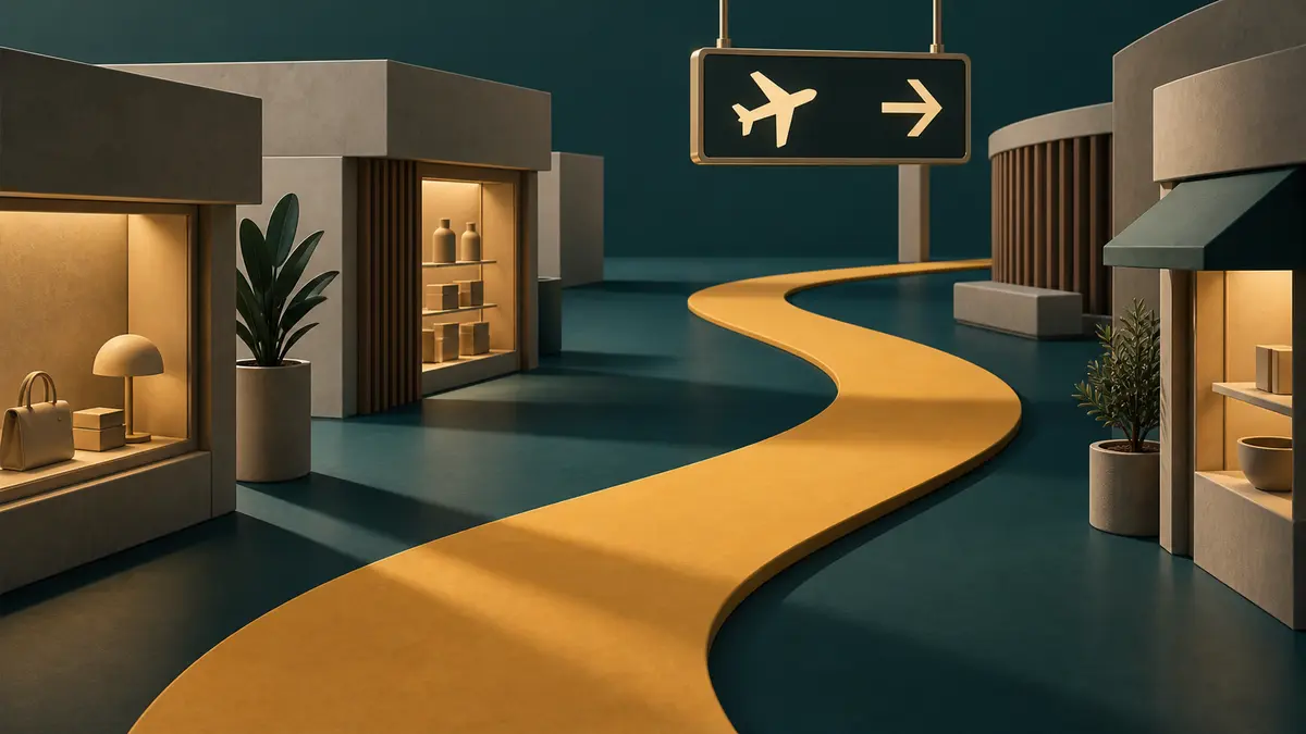 A path between shops leading toward an airport sign