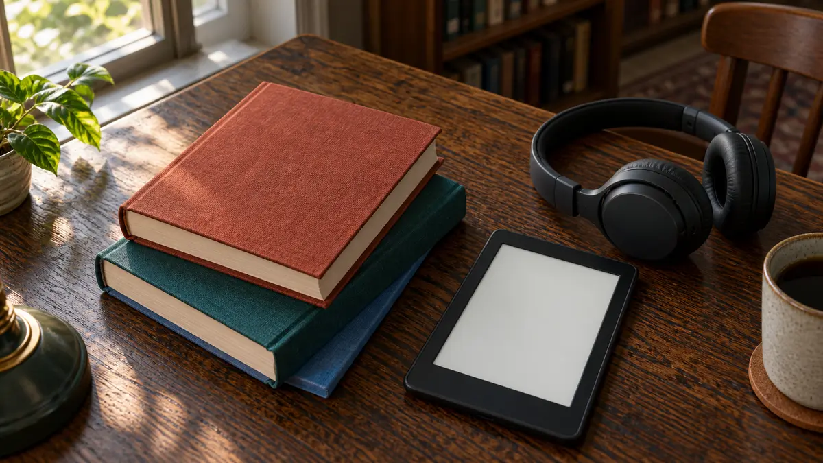 Books, an e-reader and headphones on a library table
