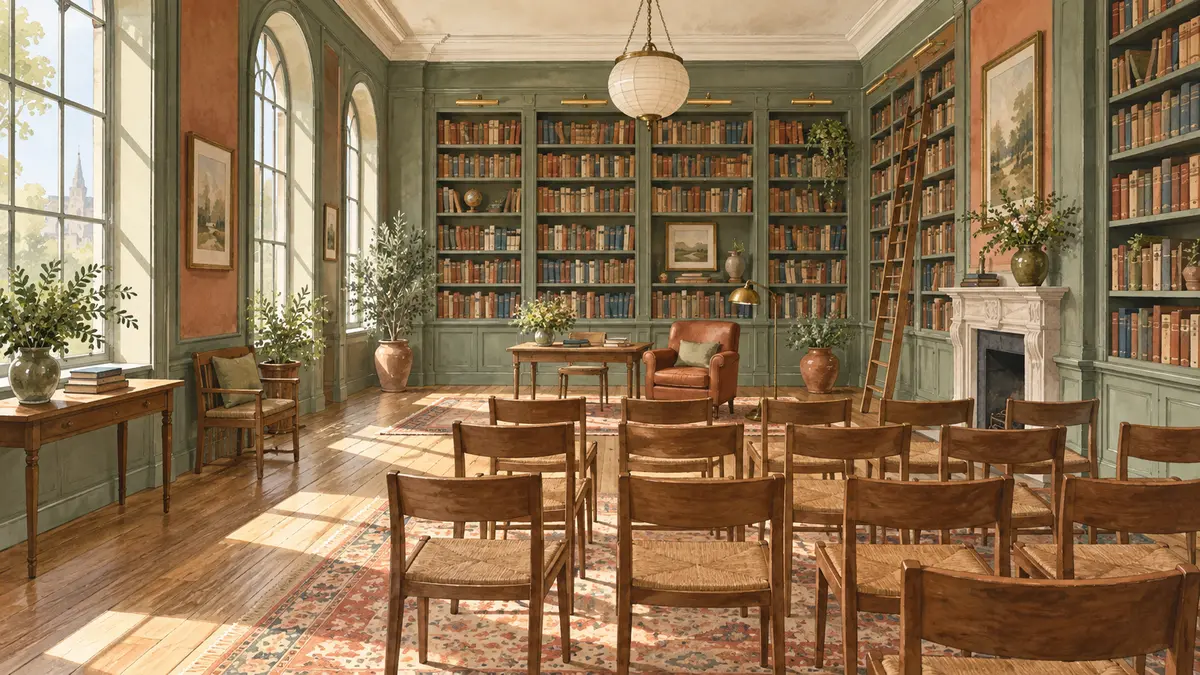 Library room with bookshelves and chairs