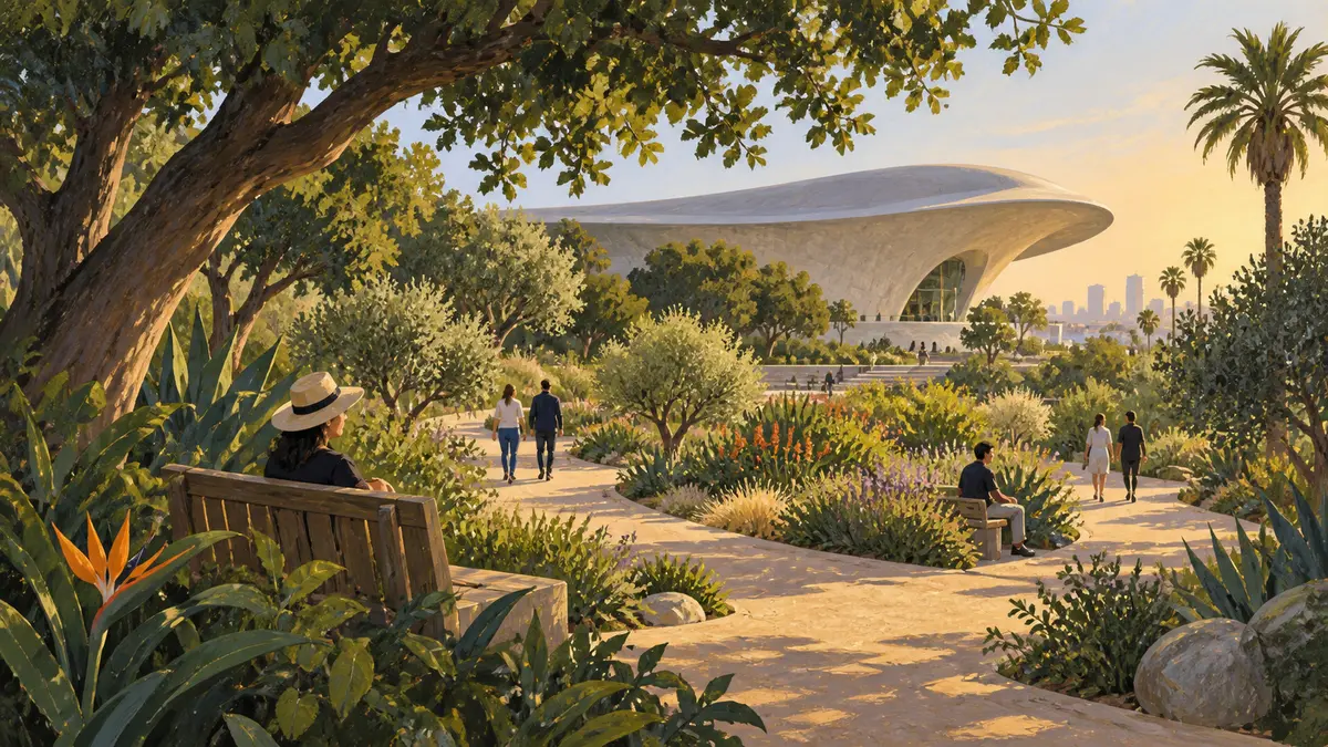 Visitors walking through a museum garden