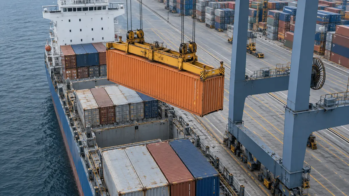 Crane lifting a container above a cargo ship