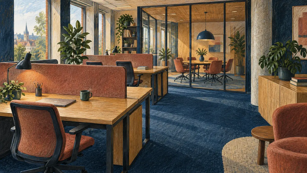 Worktables and a glass meeting room in a shared office