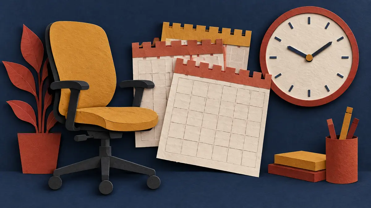 Office chair, calendar sheets and a clock