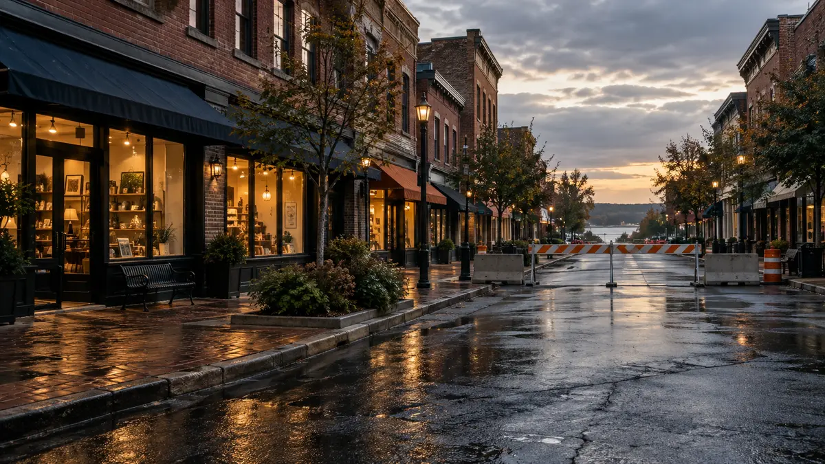 Shops on a wet street with a temporary vehicle barrier