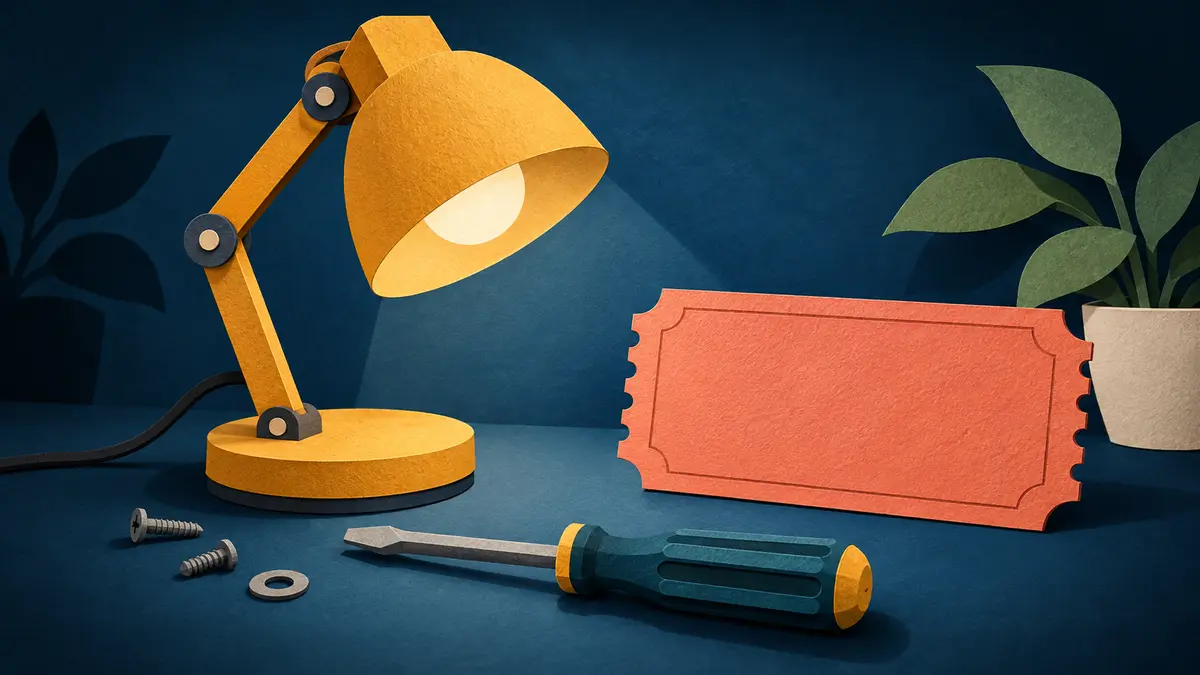 Desk lamp, screwdriver and voucher