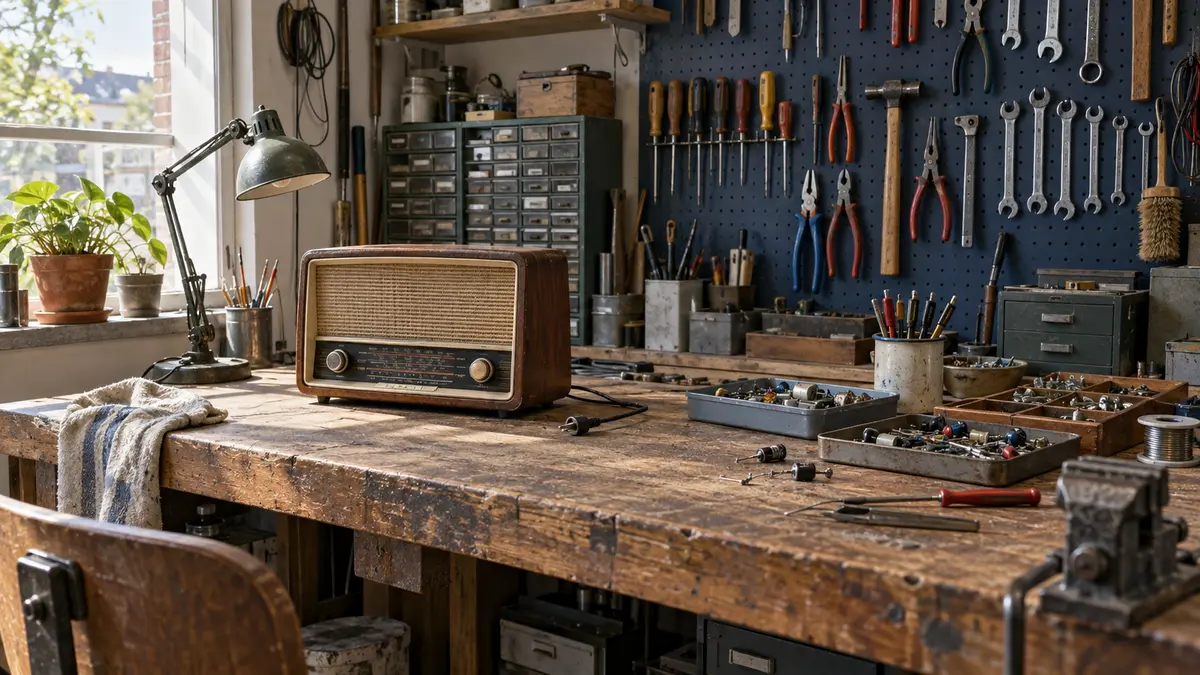 Radio and spare parts on a repair workbench
