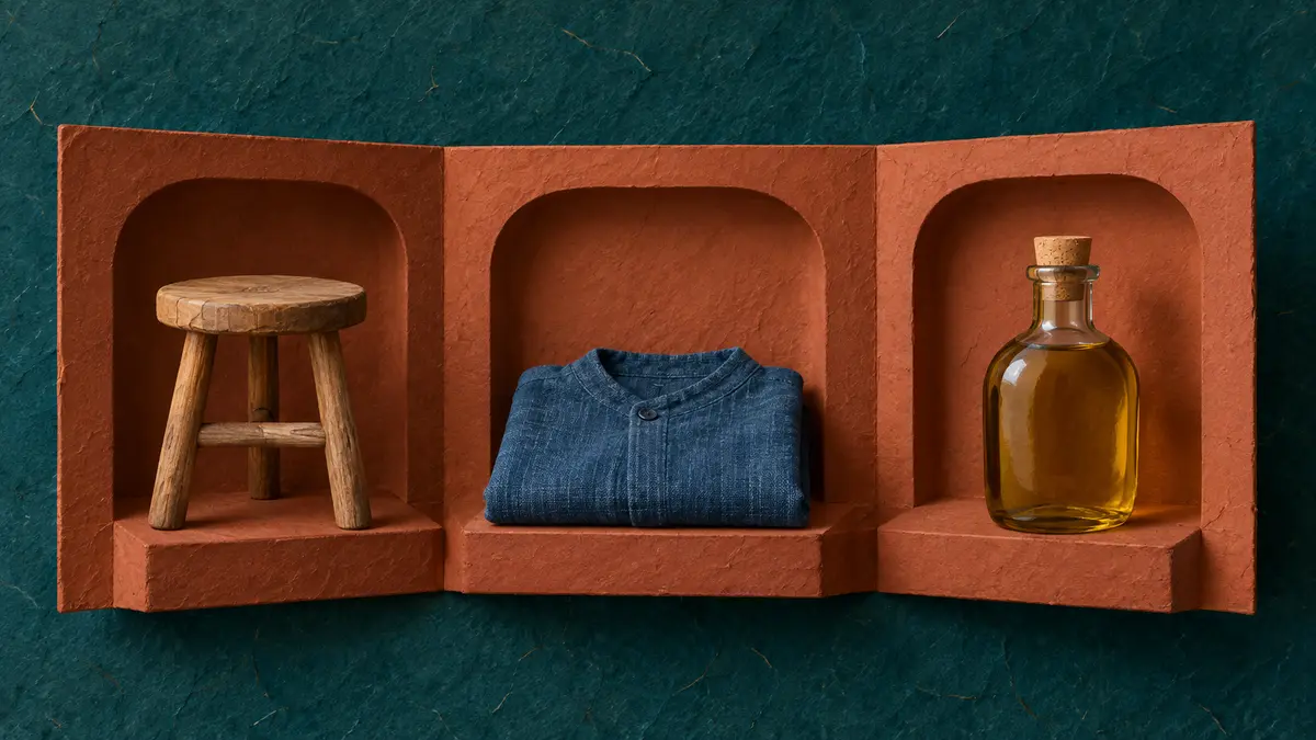Furniture, clothing and oil in a product display