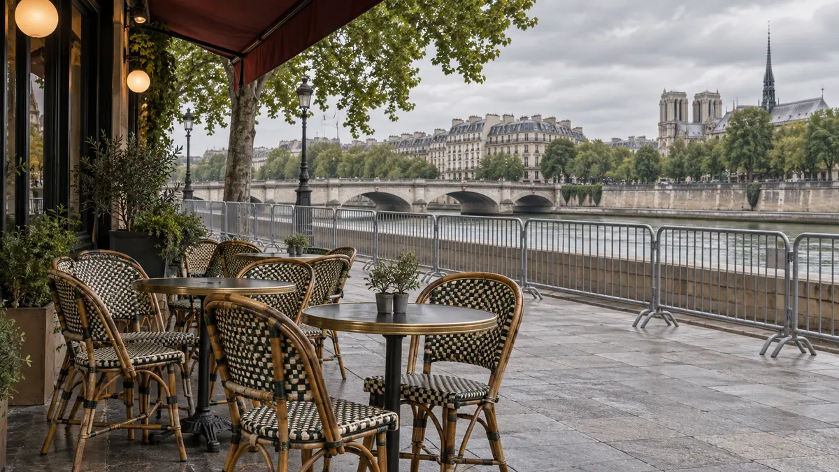 Empty riverside restaurant terrace