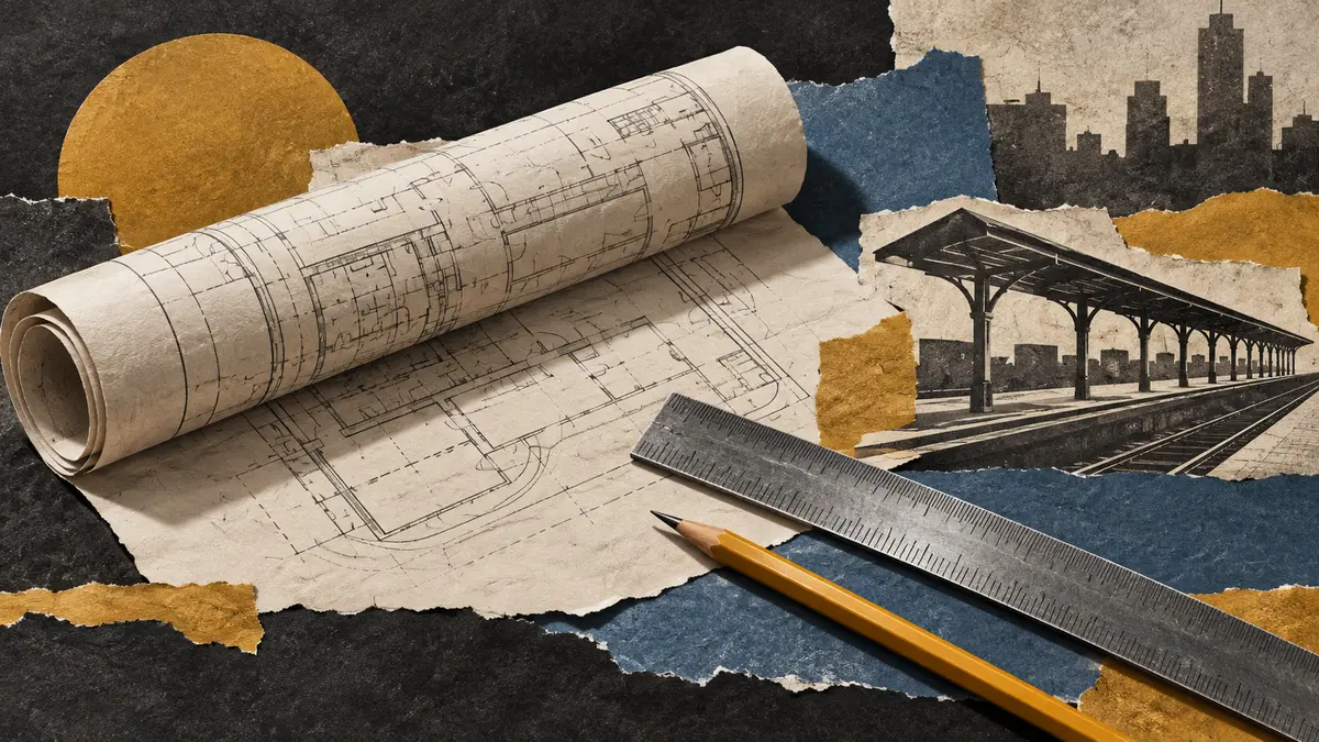 Architectural drawings, a ruler and a railway platform motif