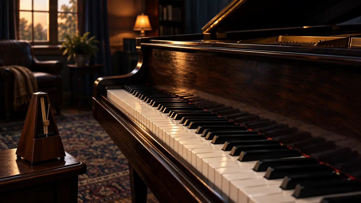 Grand piano keyboard and a wooden metronome