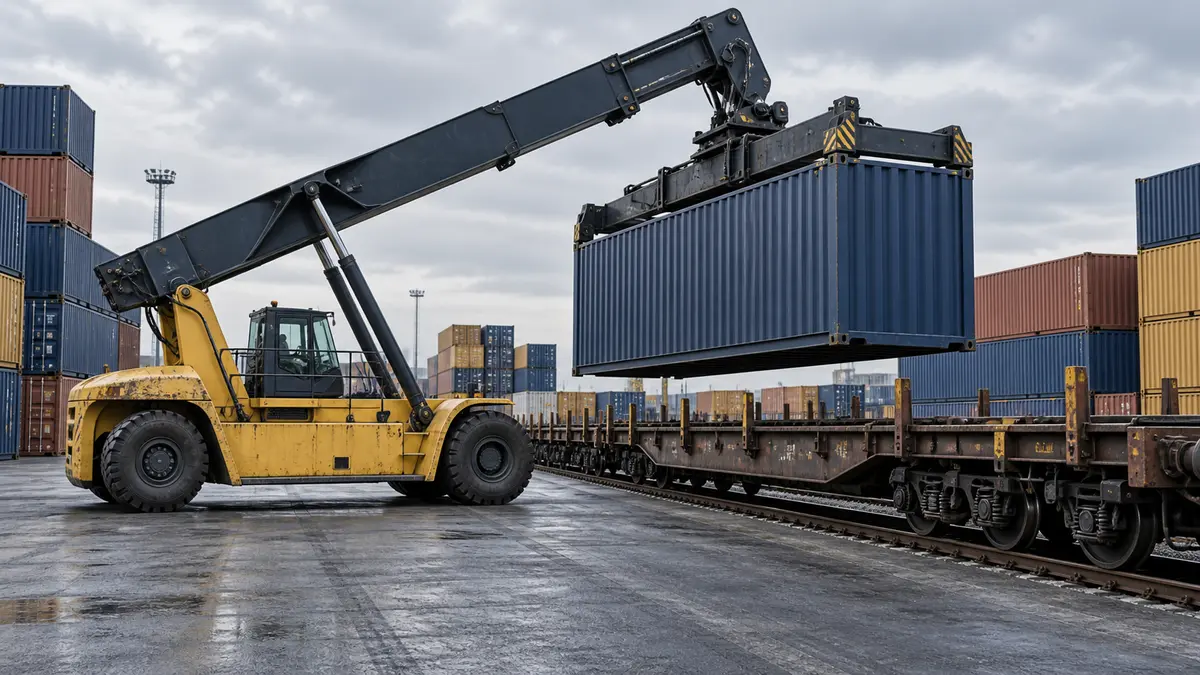 Reach stacker lifting a container beside a railway wagon