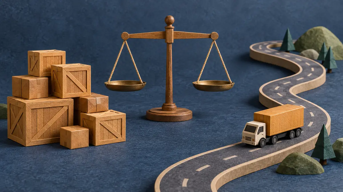 Cargo crates, a balance scale and a model truck on a road