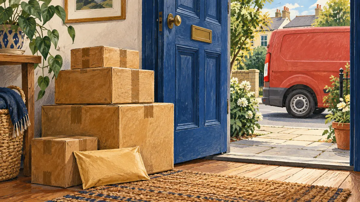 Parcels beside a doorway with a delivery van outside