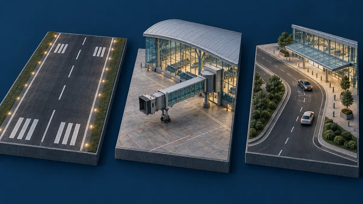 Runway, passenger terminal and airport access road