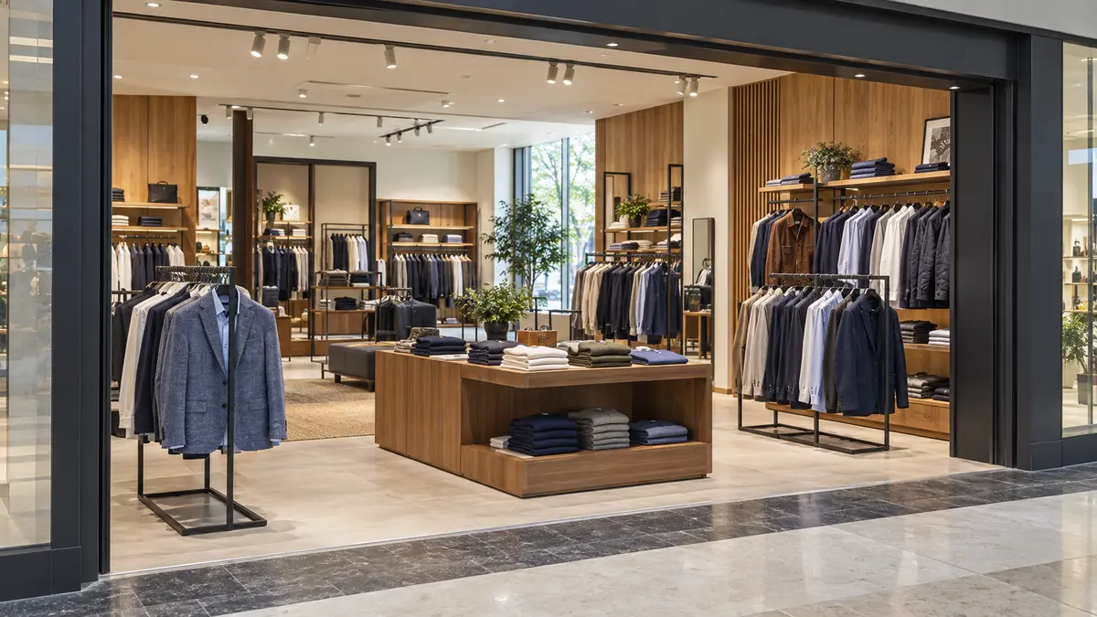 Menswear shop viewed from a shopping-centre corridor