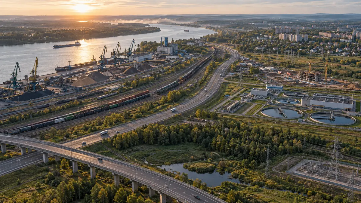 A wide aerial view joins river port, freight railway, highway, power grid, water treatment, construction and a regional town