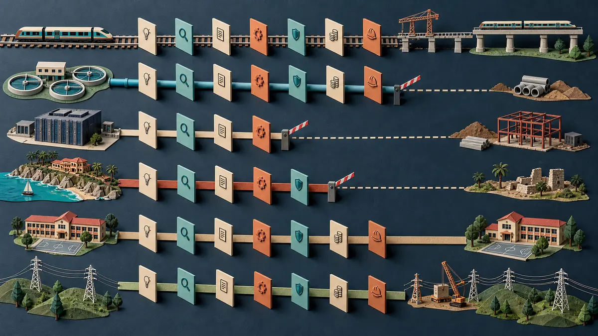 Six miniature infrastructure projects move through separate paper readiness gates, with some completed and others paused before construction