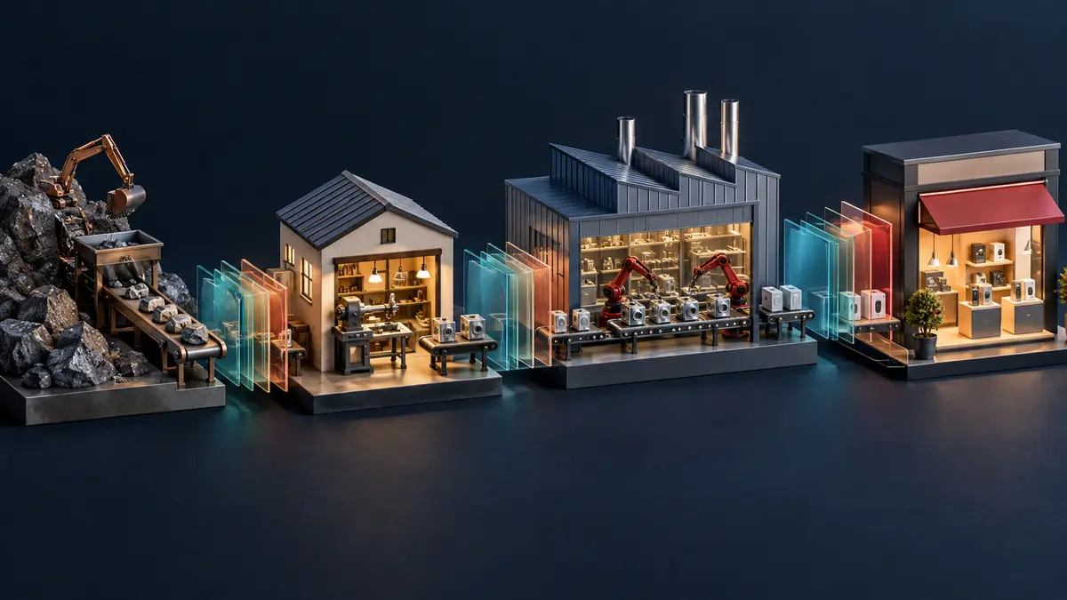 Miniature suppliers, workshop, factory and retailer connected by production lines and translucent layers representing value added