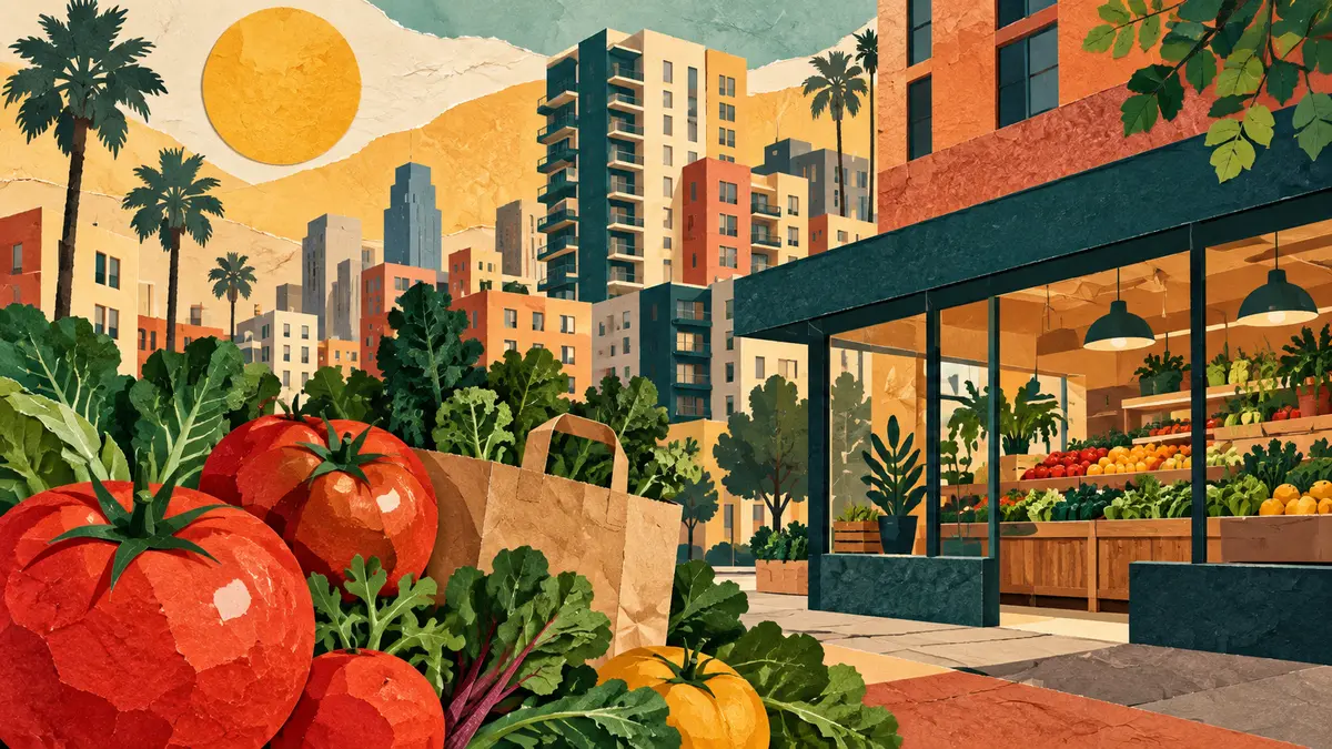 City buildings, a grocery shop and fresh produce