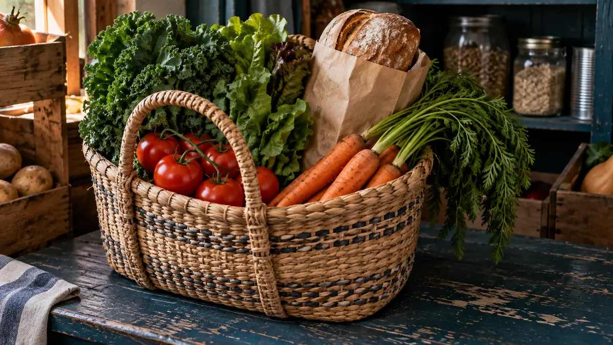 Basket of vegetables and bread