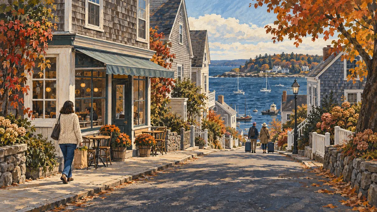 Residents and visitors on a coastal town street