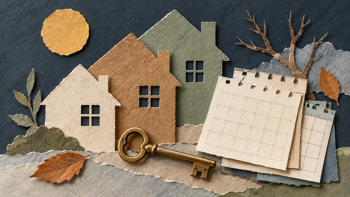 House silhouettes, a key and calendar pages