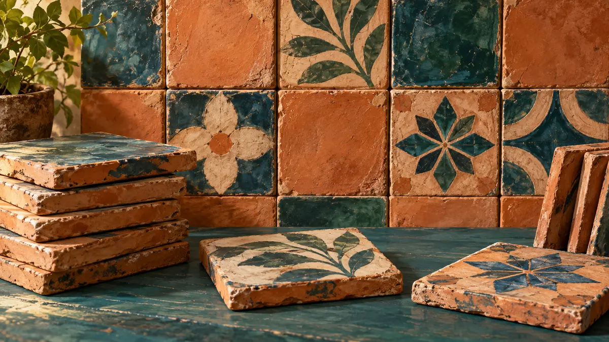 Terracotta tiles with worn edges and decorative patterns