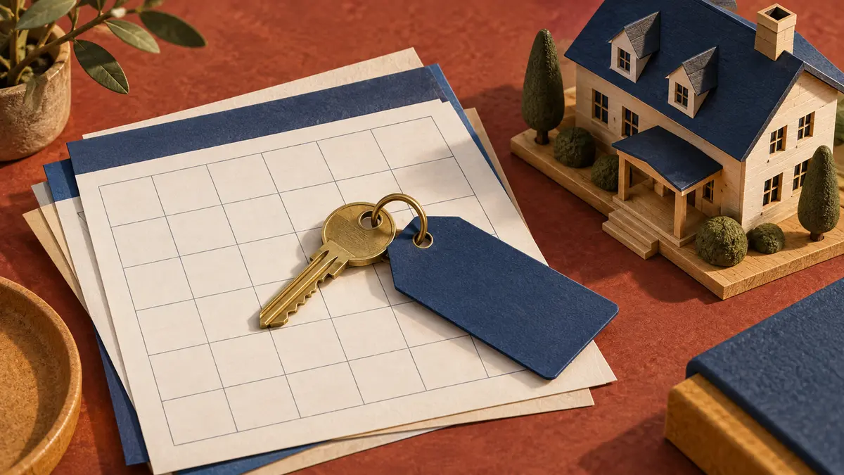 Room key on calendar pages beside a guesthouse model