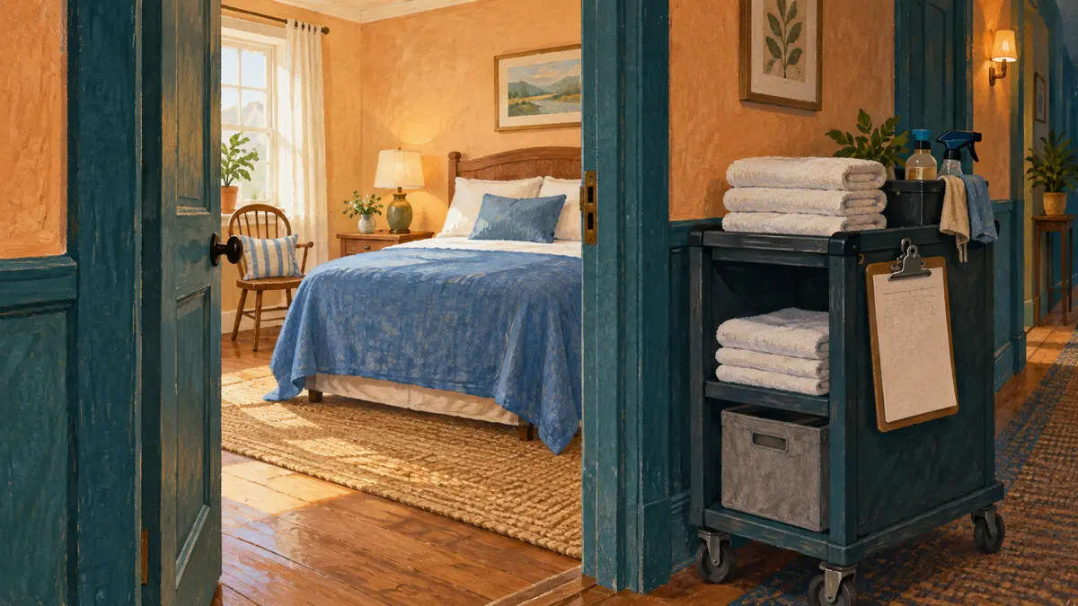 Guestroom and housekeeping trolley with folded towels