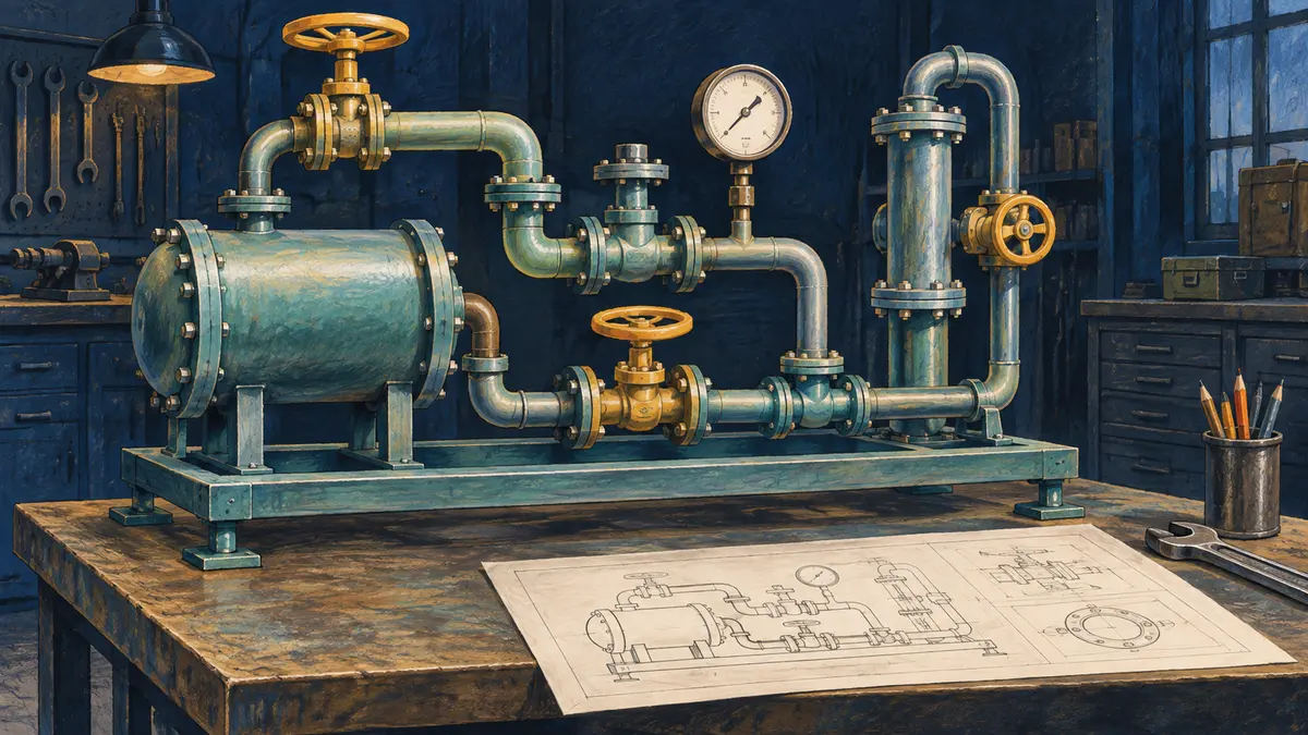 Training rig with pipes, valves and a gauge